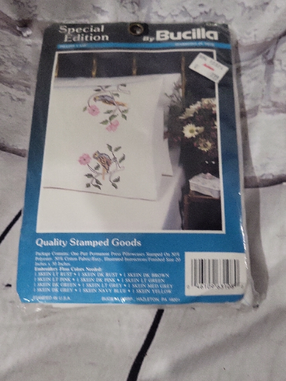 ⁹Bucilla Floral Stamped Pillowcase Kit in Pink and Green. Sparrows In Tree.  New
